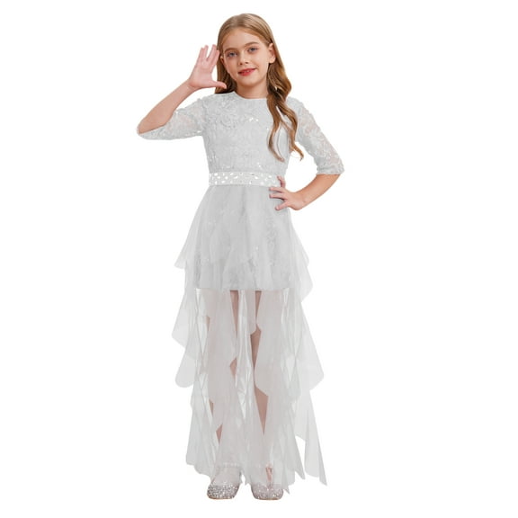 Mufeng Flower Girl Dresses for Wedding Floral Lace Bodice Ruffled Tulle Princess Ball Gown Kids Prom Ivory 14