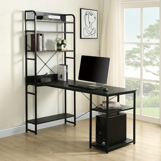 Computer Table Gaming Desk With Bookcase Office Writing Laptop Stand Metal Frame And Legs Wood Top Durable Drawing Furniture For Workstation Bedroom Dorm Black Q13886 Com Computer Table Gaming Desk With, Bedroom Writing Desk Furniture
