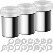 3 Pack Stainless Steel Powder Shaker, Coffee Cocoa Dredges with Fine-Mesh Lid, AIFUDA   Power Can For Baking Cooking Home Restaurant with 16 Pcs Printing Molds Stencils