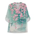 thumbnail image 3 of FKELYI Faux Linen Shirts Cherry Flower Hummingbird Print Women's Roll Up Sleeve Blouse Soft Beach Vacation Outfits Loose Fit V-Neck Summer Top Shirts for Ladies, 5XL, 3 of 5
