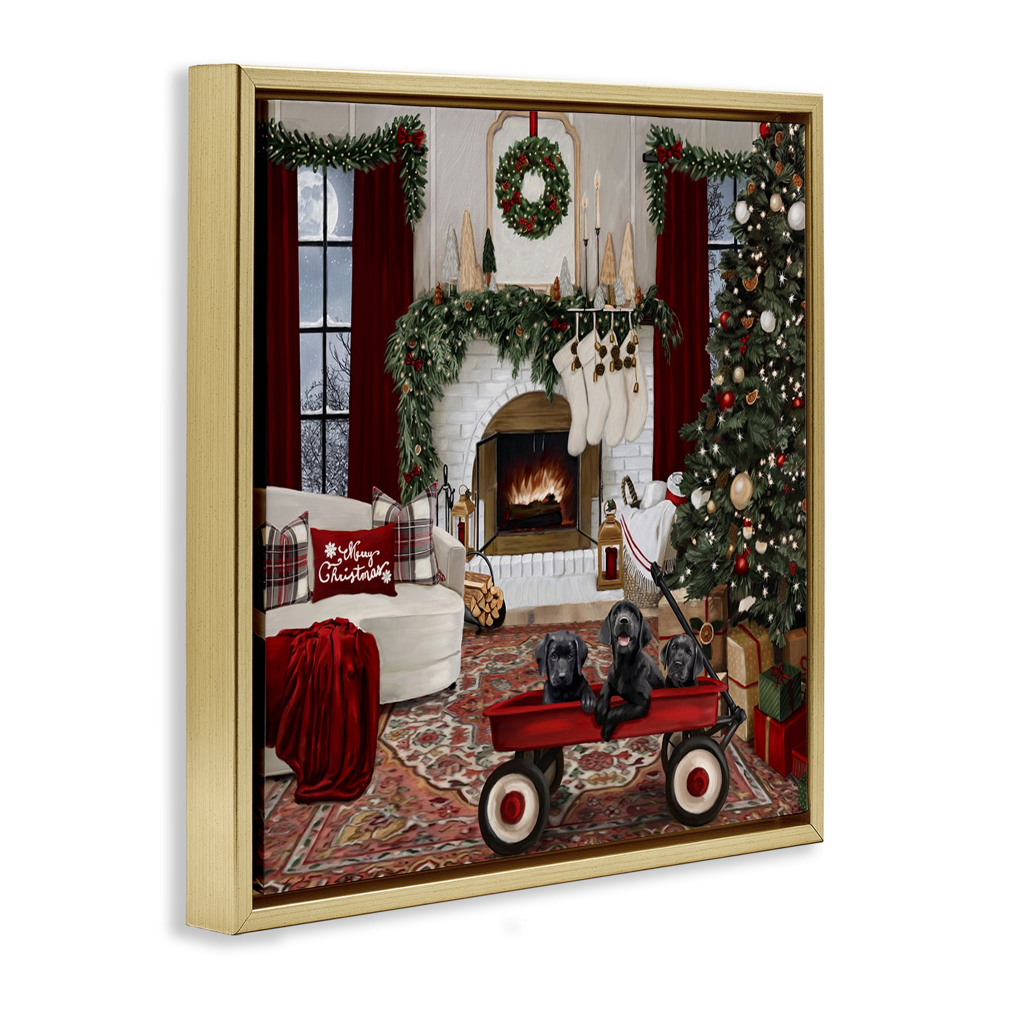 Stupell Industries Christmas Hearth Lounge Holiday Painting Gold Floater Framed Canvas Art Prints Wall Art, 18 x 18