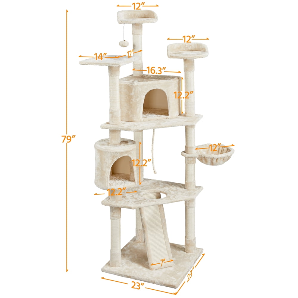 Alden Design 79″ H Multilevel Cat Tree with 2 Condos Basket Scratching Posts, Beige