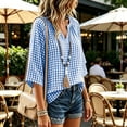 thumbnail image 5 of VBVC Women's Gingham V Neck Blouse, Ladies' 3/4 Sleeve Summer Tunic Top, Casual Loose Fit Checkered Shirt For Women, Blue , S-3XL, 5 of 7