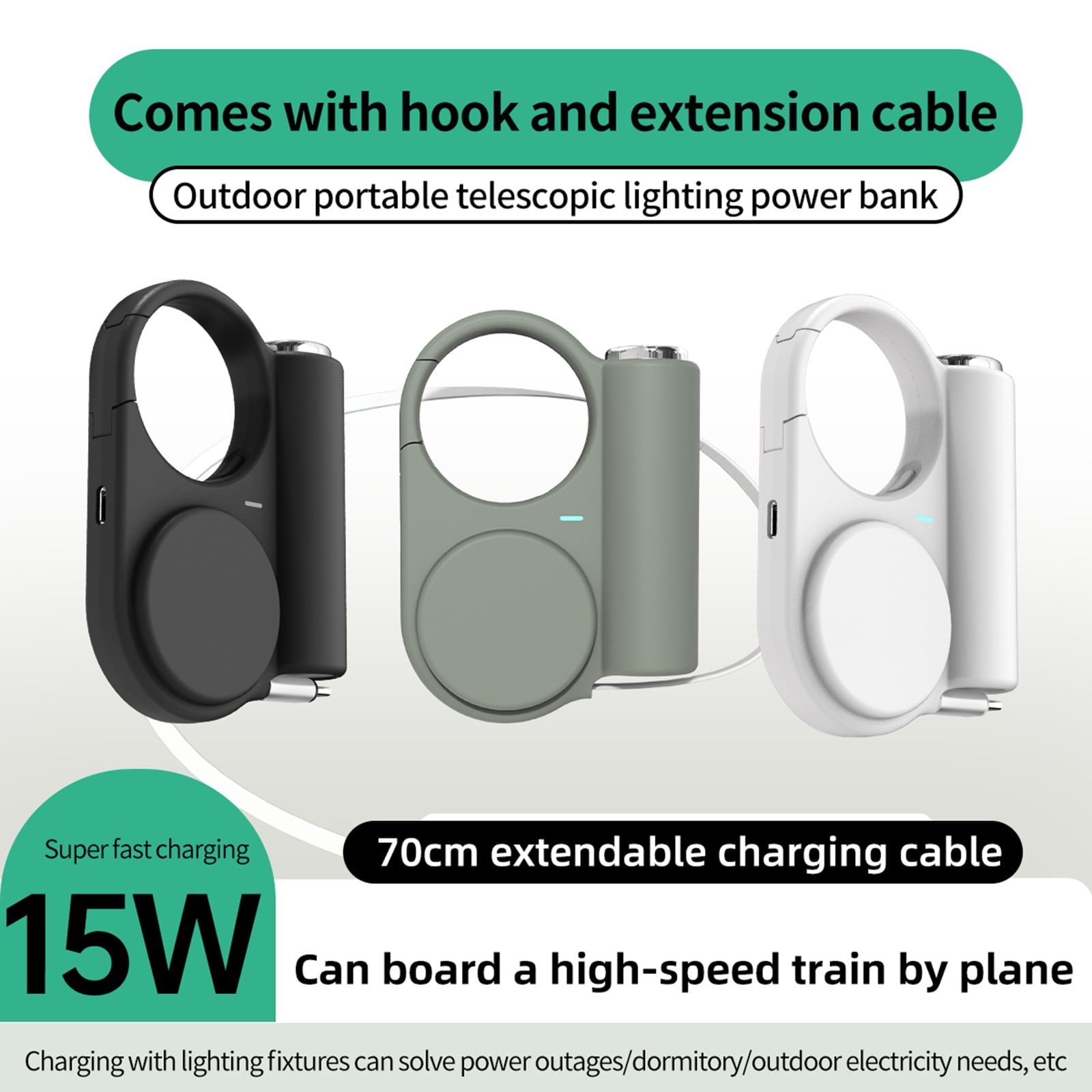 Outdoor Charging Adapter 5000mAh Power Supply Retractable Cable LED Light and Clip for Hiking and Travel