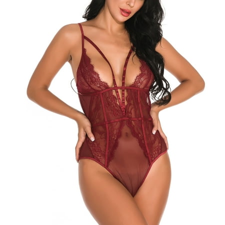 

Leesechin Clearance Womens Lingerie Set Valentine s Nightgown Lace Bra Perspective Pajamas Hollow Out Sexy Suspender Jumpsuit Wine S