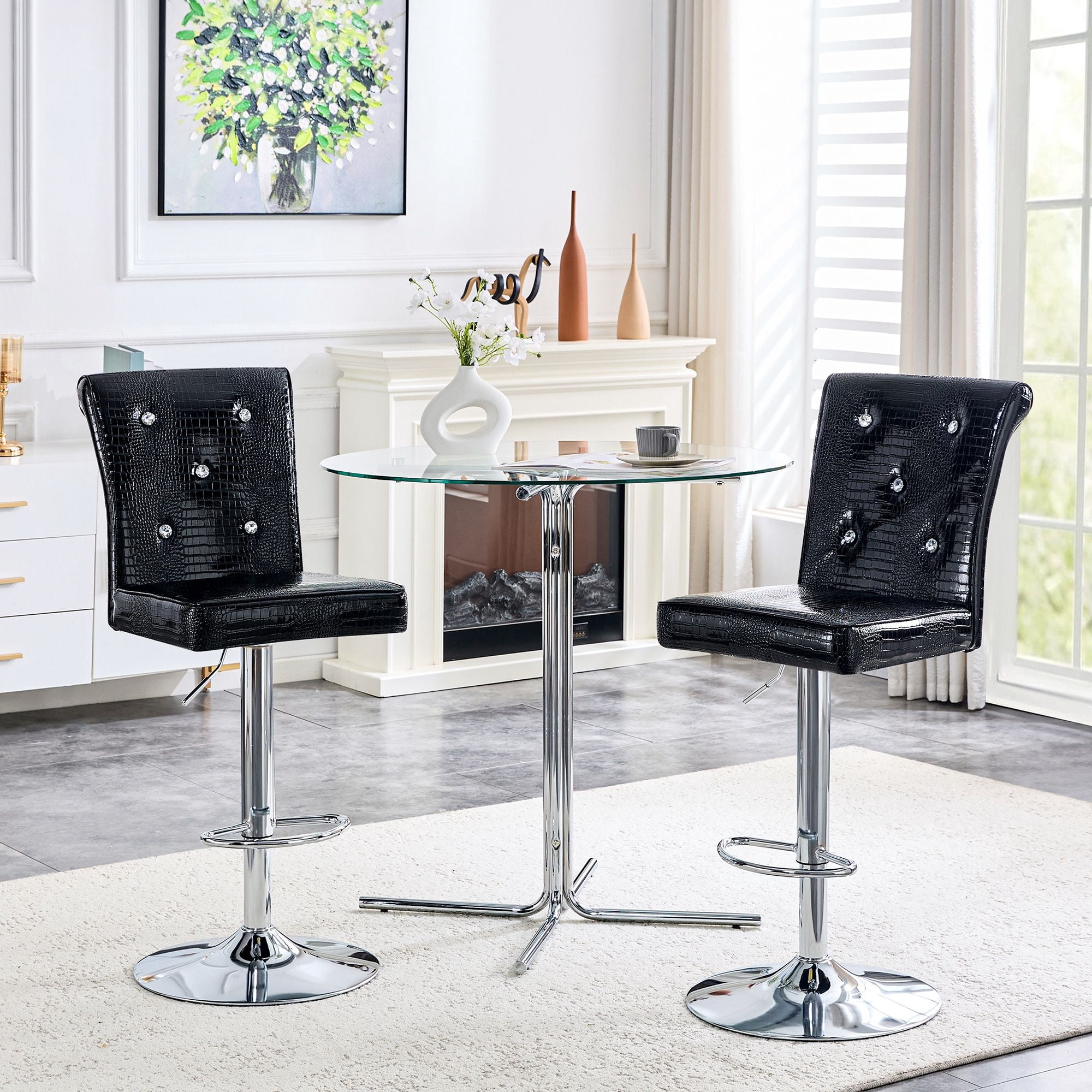 Alvantor Set of 2 Black Crocodile Faux Leather Lift Bar Stools with Crystal Accents