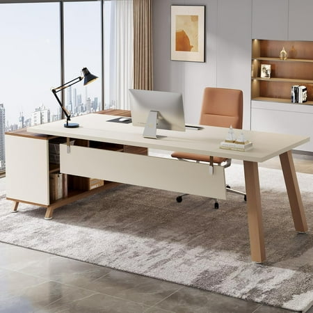 Tribesigns 71-Inch L-Shaped Executive Desk with 55-Inch Cabinet Modern Office Computer Desk Walnut & White