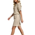 thumbnail image 7 of Women's Half Placket V Neck 3/4 Sleeve Top Drawstring Pocket Bermuda Shorts 2 Piece Outfit, Solid Summer Beach Casual Matching Set Beige XL(XL), 7 of 7