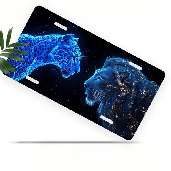 Leopard and Lion Facing Off Front License Plate, Metal License Plate, Funny Standard Plates Personalized Novelty Decorative For Men/Women/Boys/Girls Car 6×12 Inch