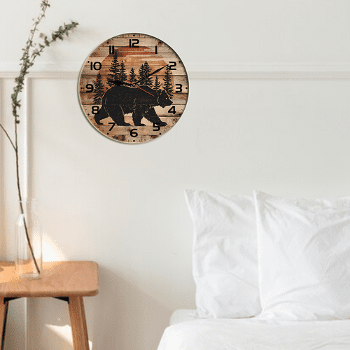 Kurmntregon Cabin Bear Wall Clock Black Bear Wildlife Forest Mountain Lodge Wooden Non Ticking Silent Quartz Bedroom Living Room Office Gym Kitchen Bathroom Patio Decor Decorative Clocks Round 10"