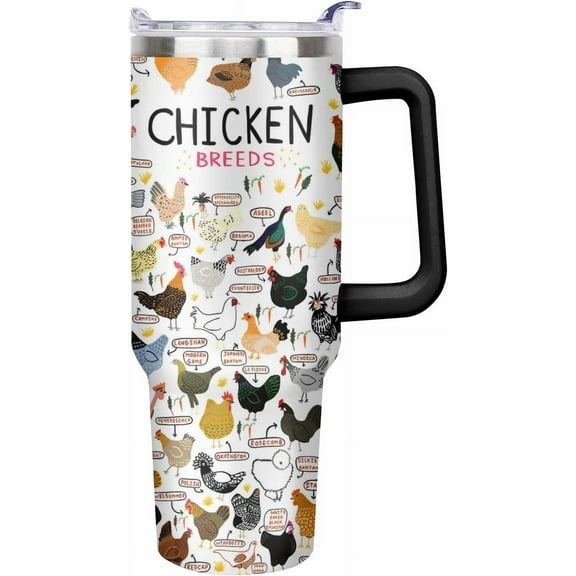 Chicken Water Bottle Spill Proof Hen Rooster Tumbler with Handle and Straw Lid Double Wall Insulated Stainless Steel Tumbler Coffee Mug Gift for Men Women Travel Cup for Car (Chicken, 40OZ)