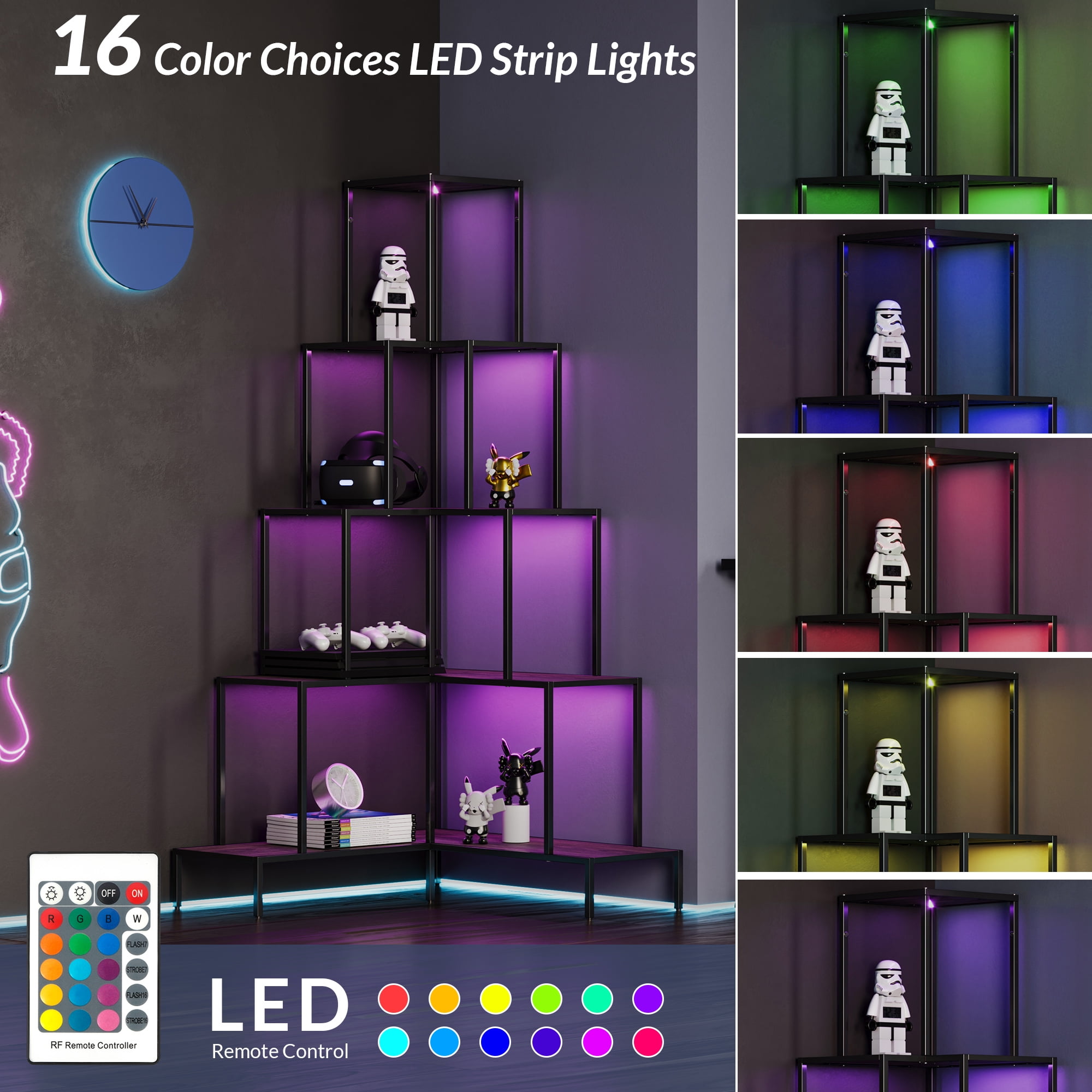 BELLEZE 5-Tier Corner Bookshelf with RGB Light, Remote Control Multiple Lighting Modes and Colors, 66" Tall L-Shaped Bookcase, Storage & Display Rack for Living Room, Courtyard and Home Office - Gray