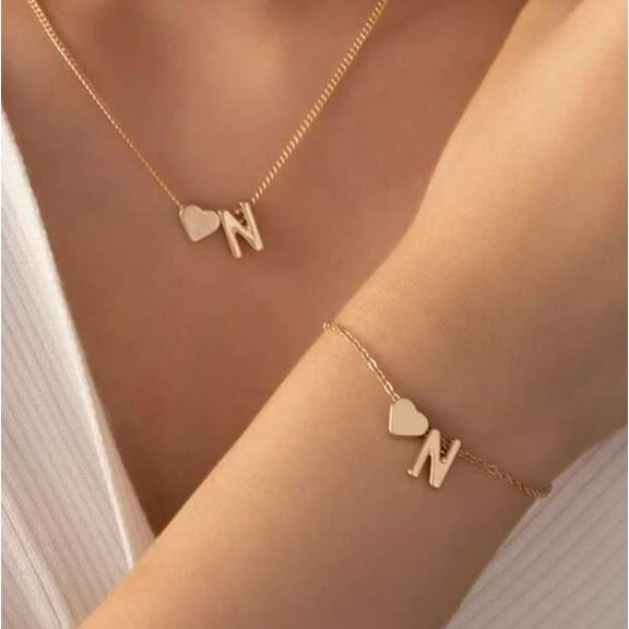 2Pcs Letter Bracelets Necklaces Sets for Women Letter N Jewelry Necklace Earrings Set for Elegant Gifts DIY Personalized Jewelry Long: 16 Inch Golden
