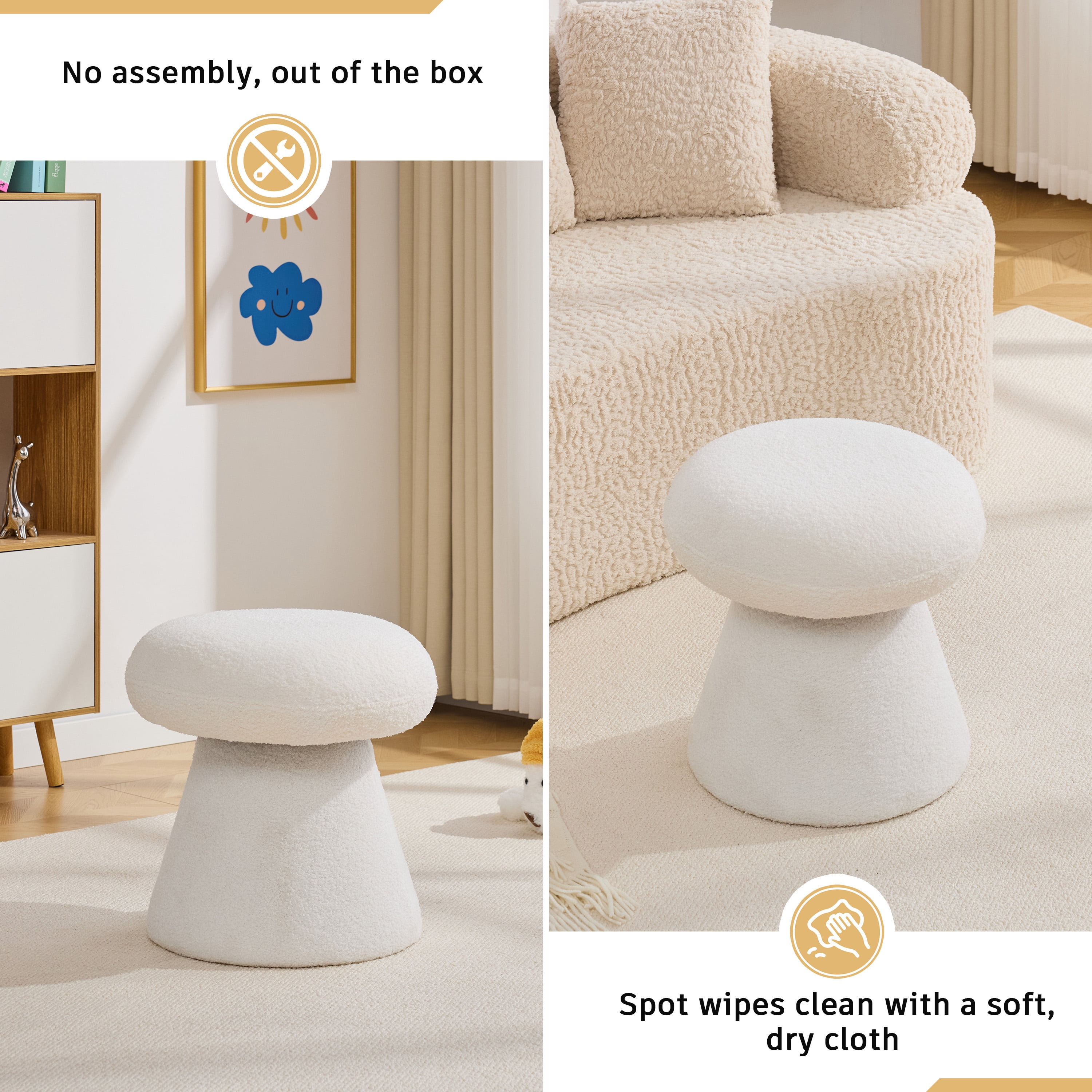 Teddy Fabric Mushroom-Shaped Ottoman with 360-Degree Swivel, Soft-Padded Footstool and Shoe-Changing Stool for Bedroom, White