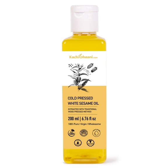 KachiGhaani Cold Pressed White Sesame Oil, 100% Virgin, 6.76 Fl oz / 200 ml, Wood-Pressed Extraction for Maximum Nutrients