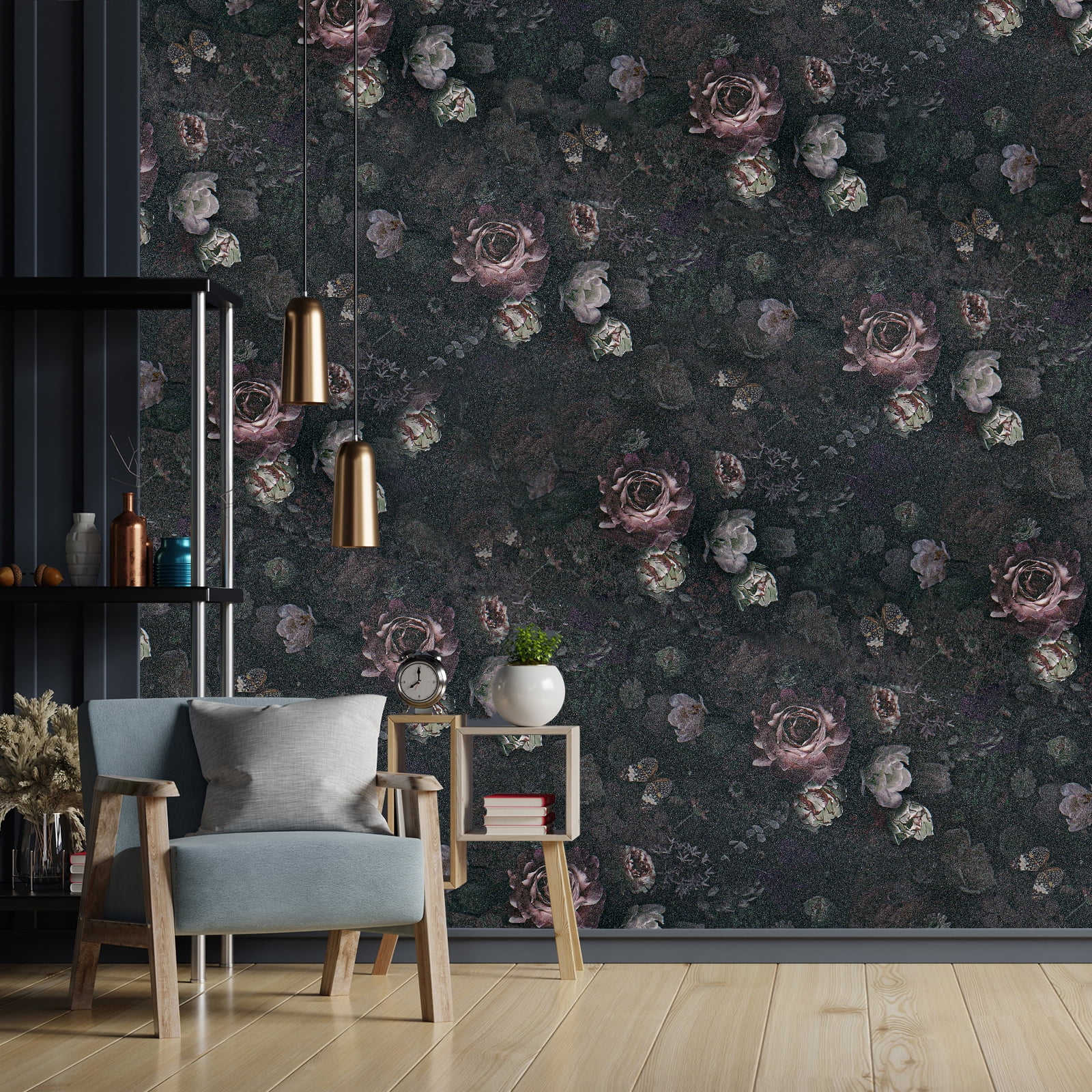 VEELIKE Vintage Dark Floral Peel and Stick Wallpaper 17.7''x354'' Butterflies Peonies Floral Wallpaper Mural Removable Self Adhesive Decorative Black Floral Contact Paper for Bedroom Bathroom Walls