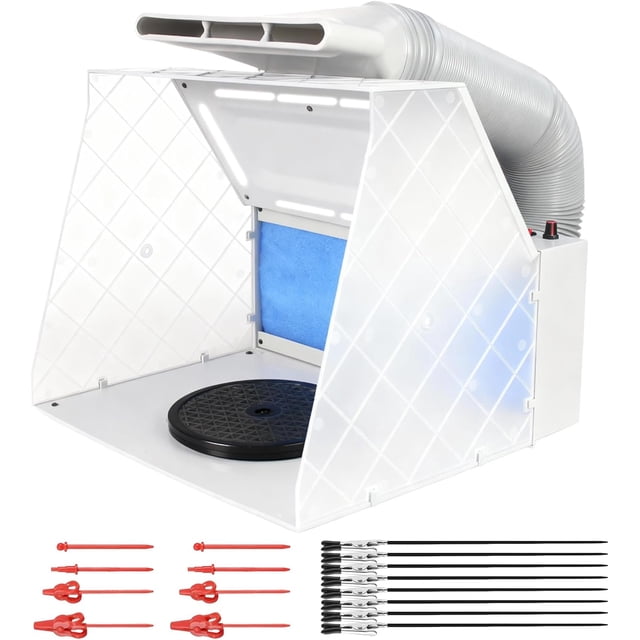 YANTONG Airbrush Spray Booth Kit with 8 LED Lights & 16 Alligator Clips, Adjustable Speed Fan Paint Booth with Retractable Hose, Turntable, Professional Hobby Work Station for Models,DIY Crafts, RC