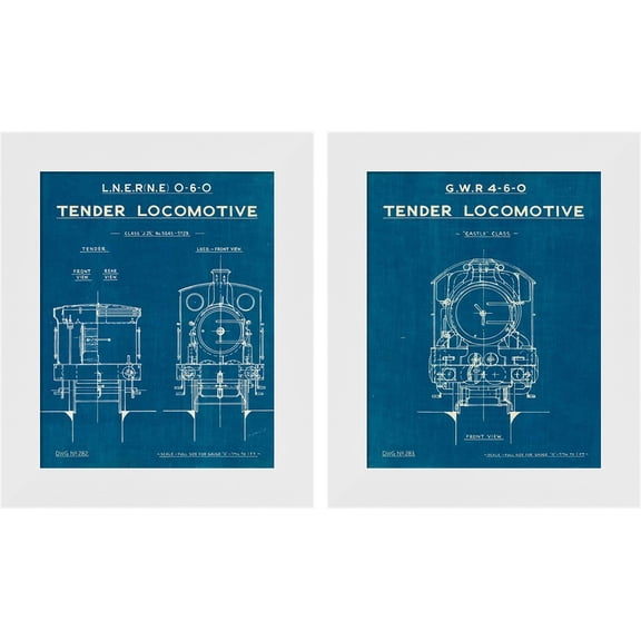 Great Art Now Locomotive Blueprint by Wild Apple Portfolio, 2 Piece Framed Art Set Each 10"W x 12"H