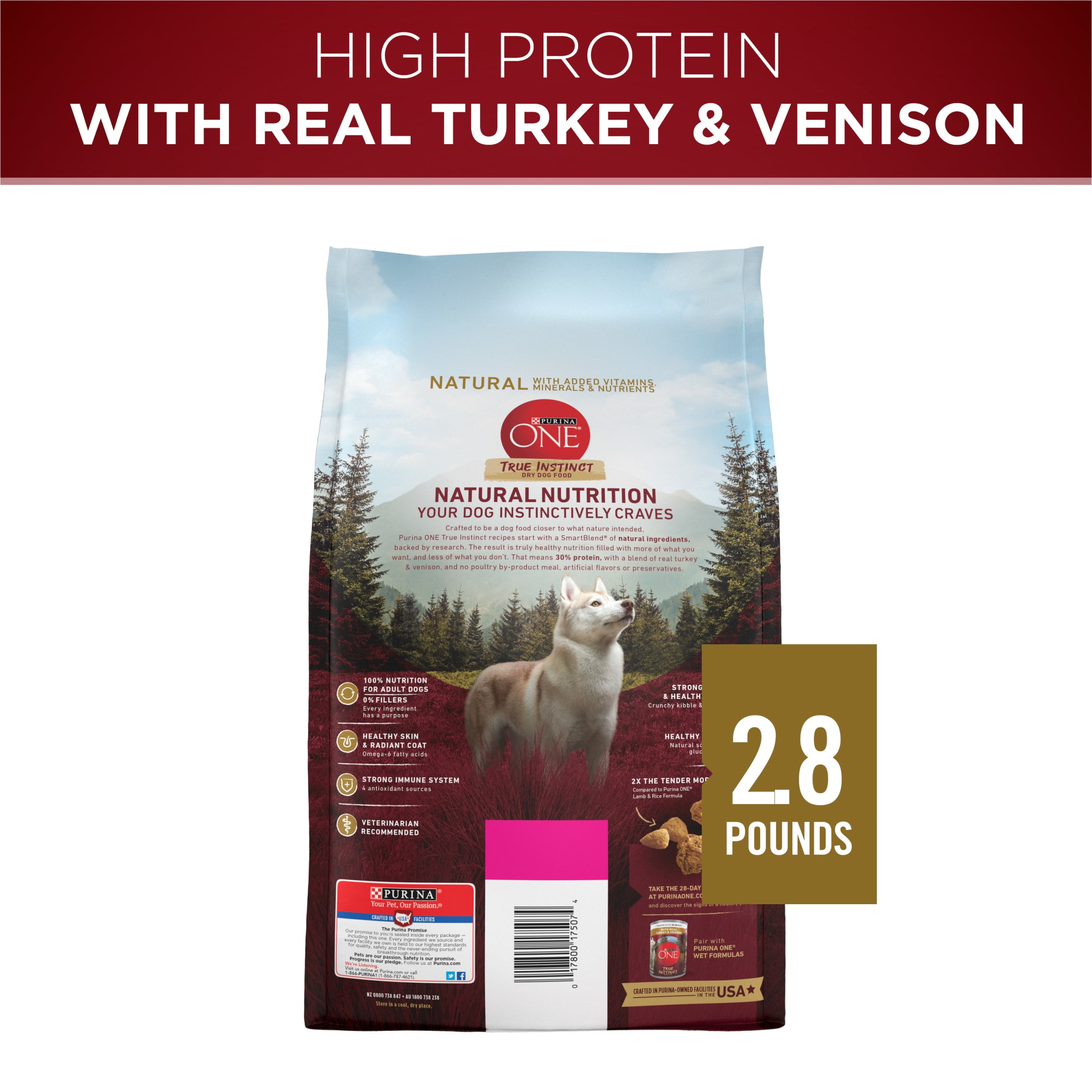 Purina One True Instinct Dry Dog Food for Adult Dogs, Real Turkey & Venison, 27.5 lb Bag