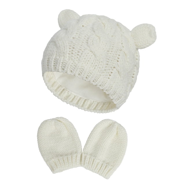 Gorro de invierno para bebé, gorro de lana con orejas pequeñas, guantes, conjunto de dos piezas con protección para las orejas y forro cálido