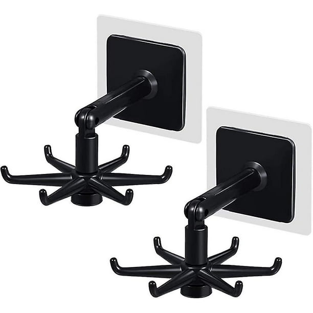 Ganchos adhesivos plegables con rotación de 360 grados, 6 garras, color negro (paquete de 2)