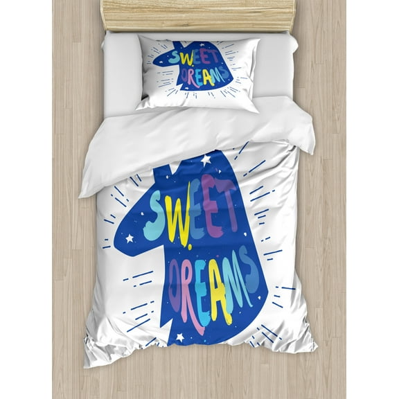 Sweet Dreams Twin Size Duvet Cover Set, Blue Silhouette of Unicorn Head with Stars and Lettering Text Mythical Cartoon, Decorative 2 Piece Bedding Set with 1 Pillow Sham, Multicolor, by Ambesonne