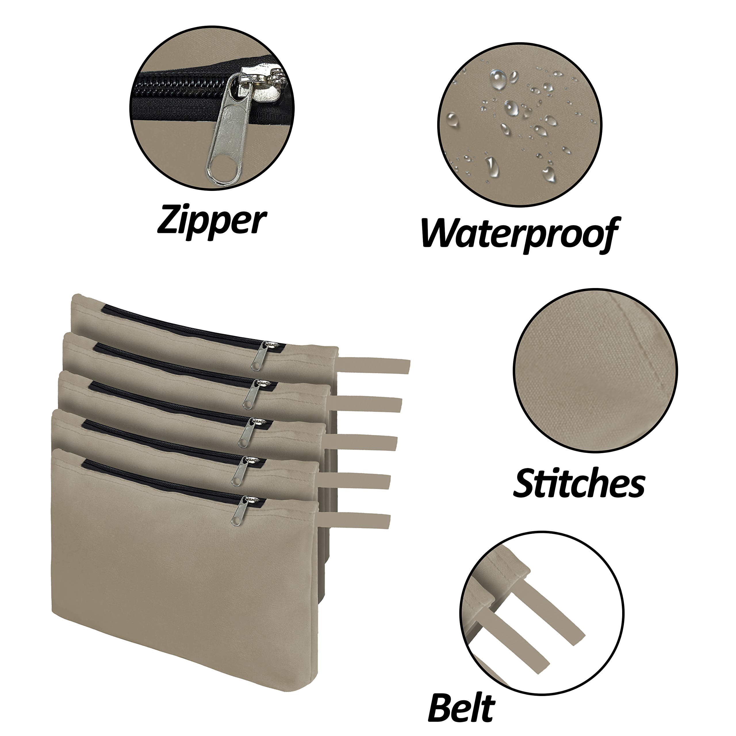 COVERS&ALL Tool Bag, 12 Oz Heavy Duty Waterproof Pouch with Sturdy Zipper, Utility Multipurpose for Tools Storage Makeup (Pack of 5, Beige)