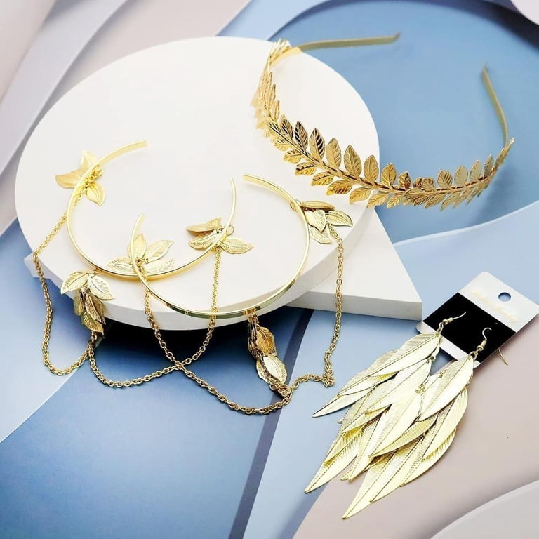 4Pcs Golden Laurel Leaf Crown Headband, Armband, Earring  display picture 3
