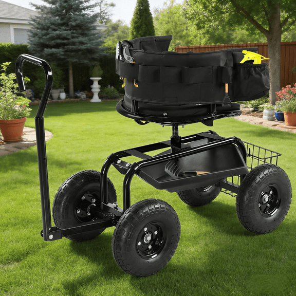 Zimtown Garden Rolling Cart with Seat Work Seat with Wheels, Adjustable Rolling Cart with Tool Storage, for Bad Knees, Black