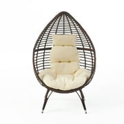 GDF Studio Ruweyda Outdoor Wicker Teardrop Basket Chair with Cushion, Multibrown and Beige