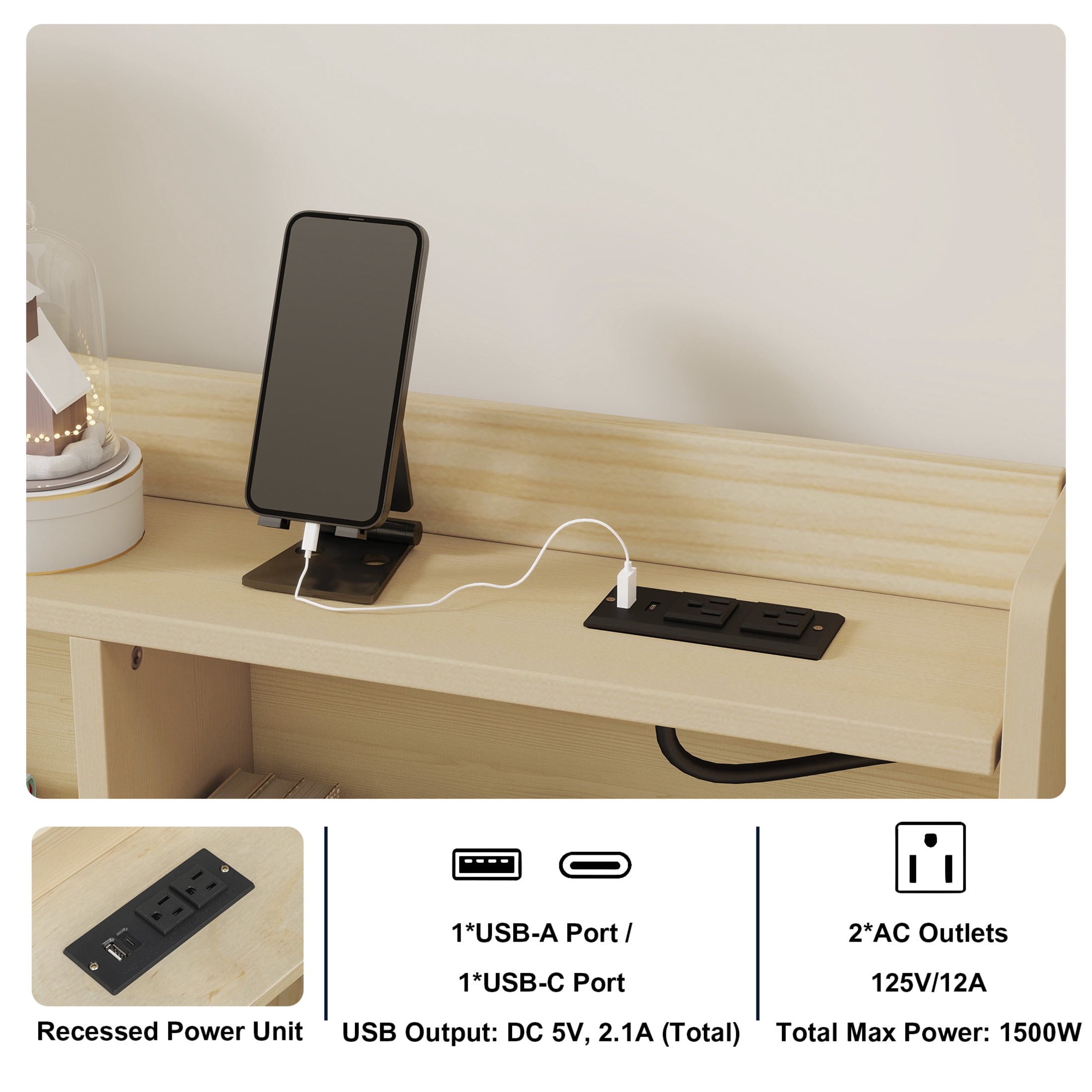 Noble House Norra Full Size Pine Wooden House Floor Bed with Storage Shelves, LED Lights & Charging Station, Natural
