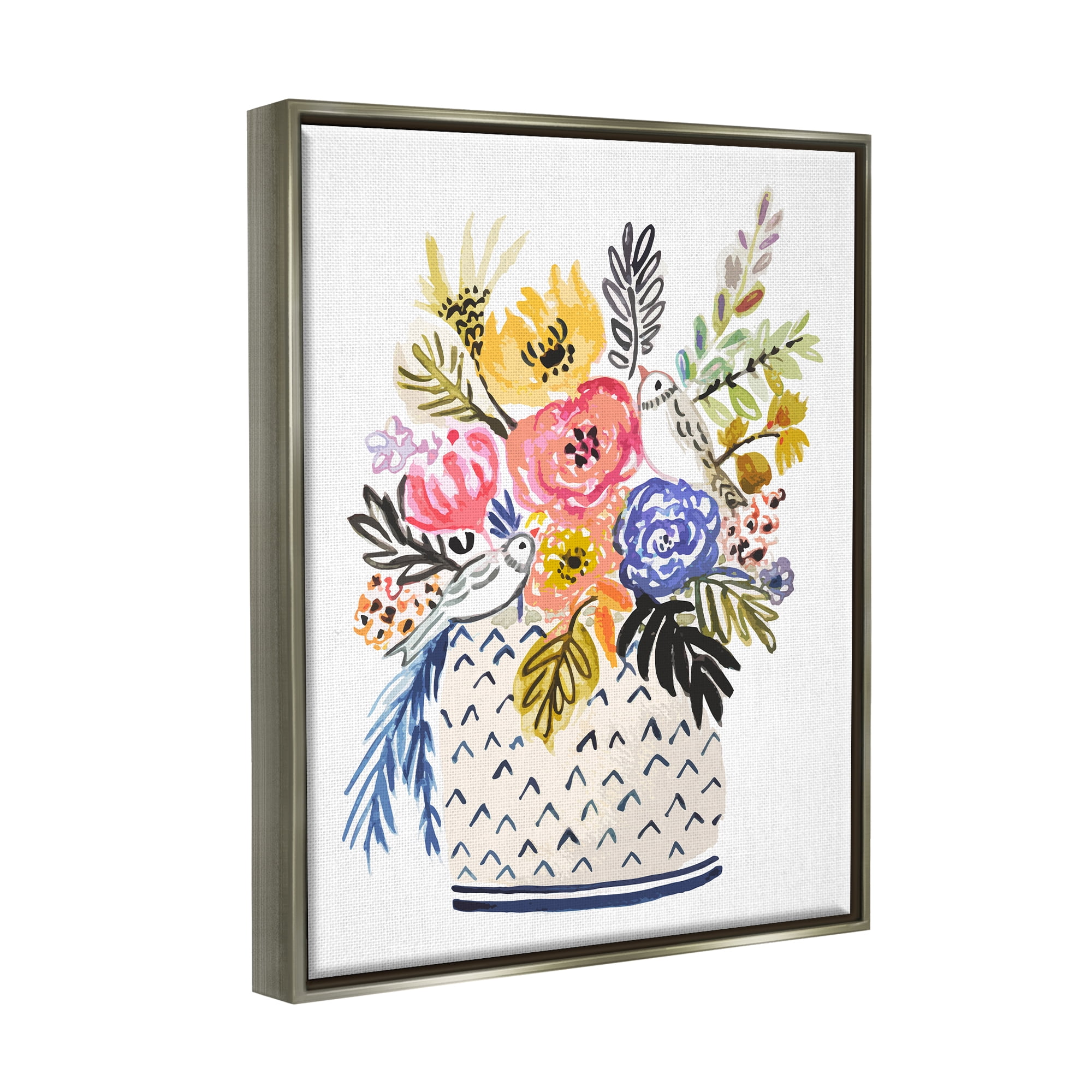 Stupell Birds Perched Fun Floral Blossoms Botanical & Floral Painting Gray Floater Framed Art Print Wall Art