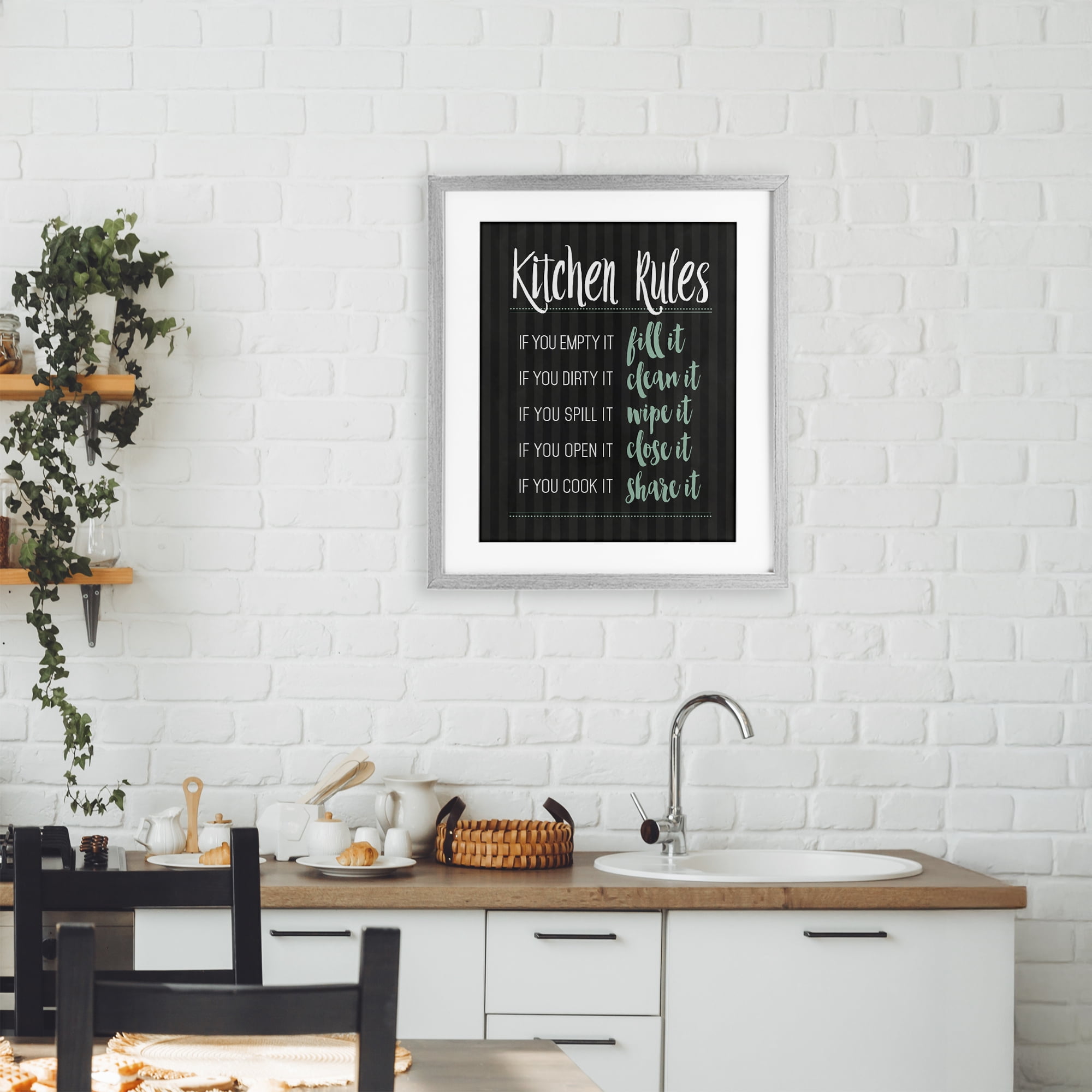 Kitchen Rules Black & Green Gray Framed Print Under Glass, design by Lettered and Lined