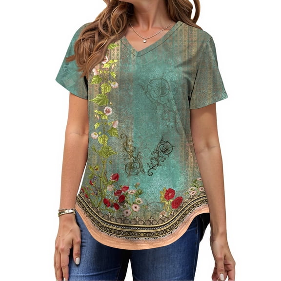 MOSHU Plus Size T-shirts for Women V Neck Summer Tunic Tops Floral Print Curved Hem Women Shirts