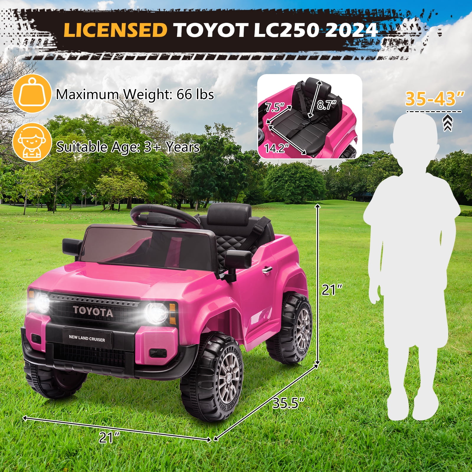 Winado Licensed Toyota 12V Kids Electric Ride On Car with Remote Control, Music, Lights, Pink