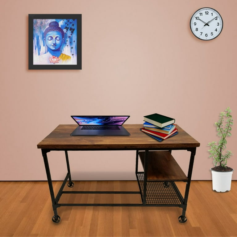 Benjara wood and metal 2024 desk with 2 shelves brown