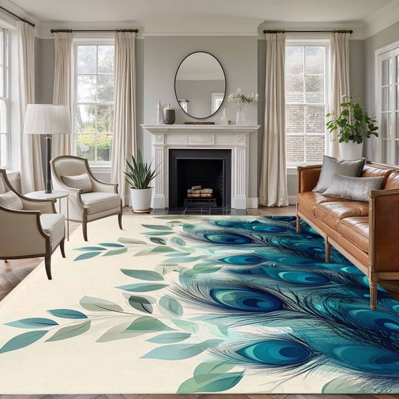 5x7 Area Rugs, Teal Turquoise Non-Skid Rubber Backing Large Rectangle Rugs - Living Room Bedroom Home Office, Peacock Feathers Aesthetics Eucalyptus Indoor Floor Mat Carpets Washable Rug