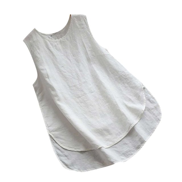 Blusa informal de lino y algodón de color sólido con bordado de cuello redondo para mujer Pompotops lopia993113