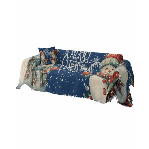 Blue Christmas Sofa Covers for 3 Cushion, Washable Couch Cover for Sectional Sofa Slipcovers with Tassel, Xmas Snowman Snowflake Vintage Loveseat Covers Futon Cover Blanket 71''x118''