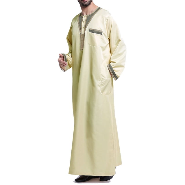 Aqestyerly Men Long tops Men'S Muslim Robe Arab Middle Robe Pattern Embroidery Long Sleeve Standing Neck Pocket Long Shirt Fashion Casual Robe