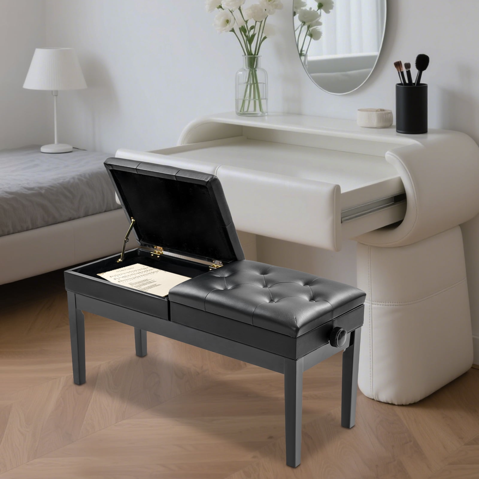 Floorstanding Double Seater Piano Bench, Adjustable Duet Piano Bench with Storage Box for Homes, Schools