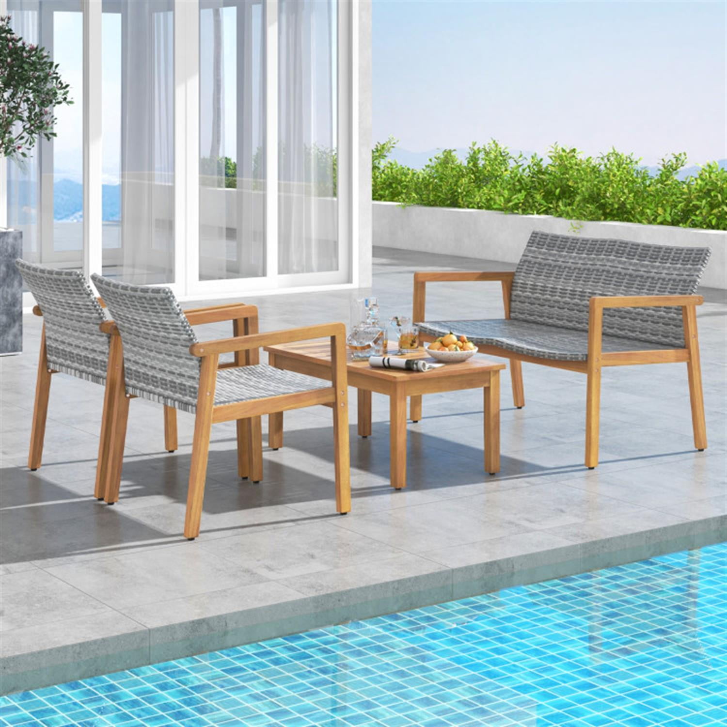Demi Bonn 4-Piece Patio Furniture Set with Loveseat Single Chairs and Coffee Table, Conversation Armchairs for Garden Poolside Balcony, Gray