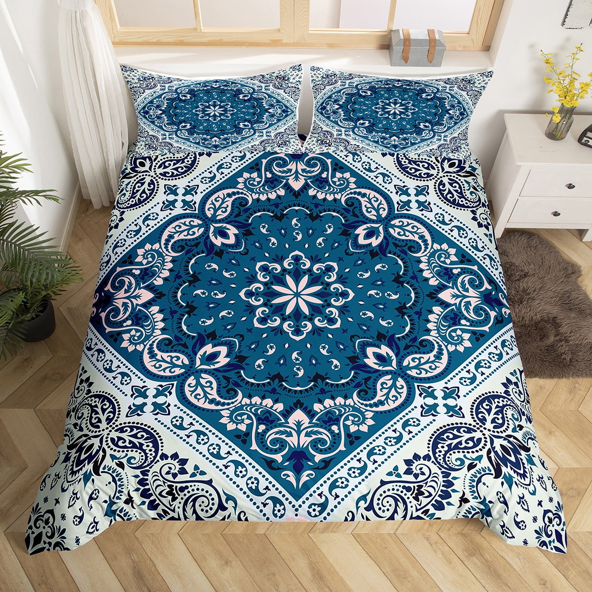 Luxury Blue Duvet Cover Set, Jacquard Fabric Aesthetic Bedding Decorat