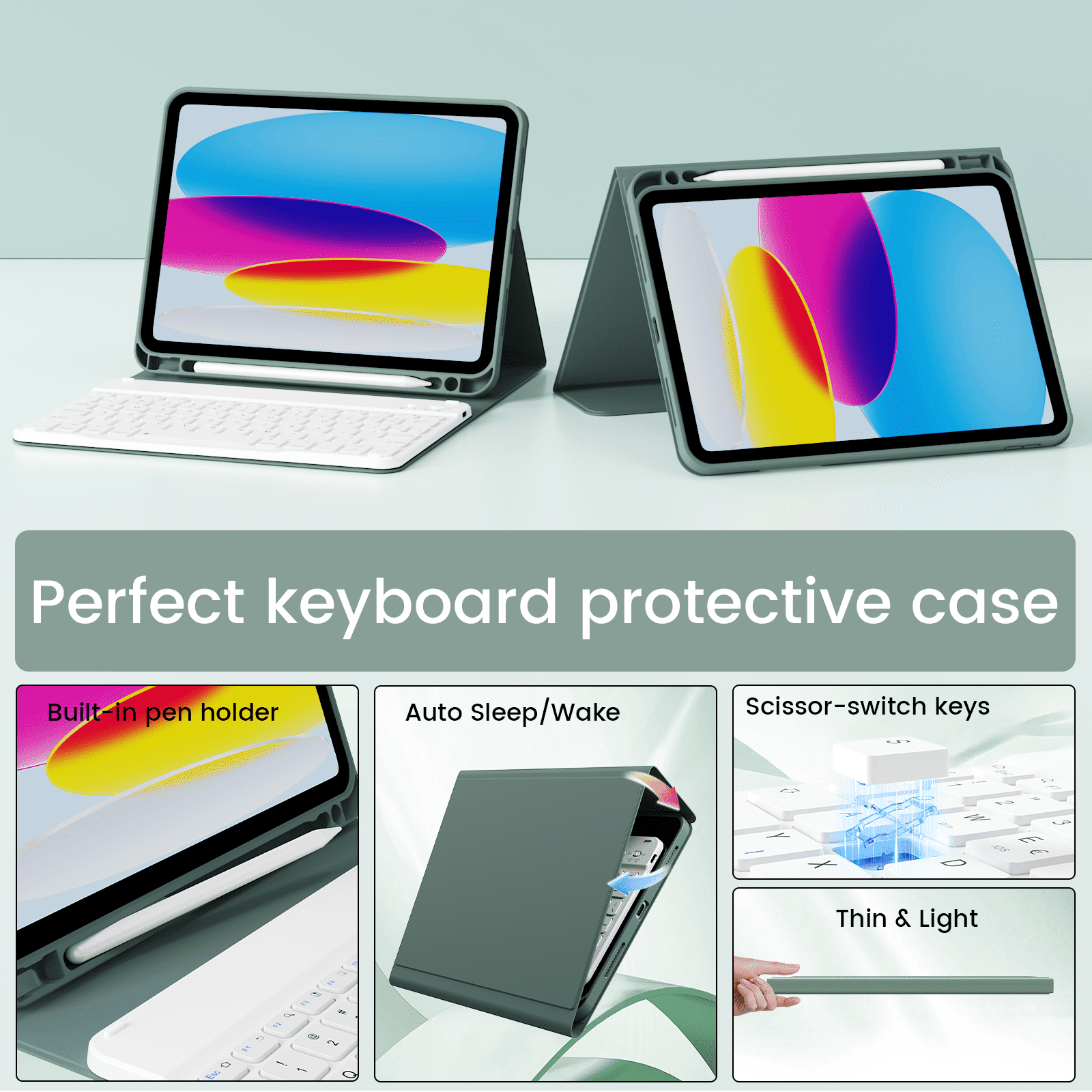 SZPSGC for iPad A16 11th 10th Generation Case with Keyboard, Soft TPU Back Cover with Pencil Holder, Magnetically Detachable Folio Keyboard case for iPad 11th Gen 11 Inch/10th Gen 10.9 Inch,Green