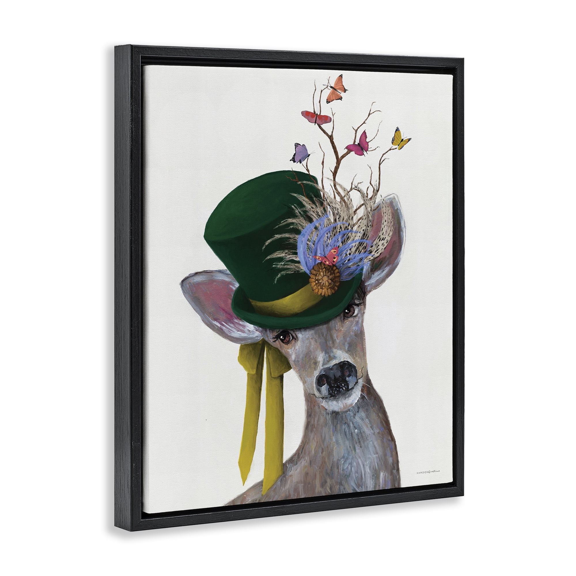 Stupell Industries Deer with Butterfly Hat Animals & Insects Painting Black Floater Framed Canvas Art Print Wall Art, 17 x 21