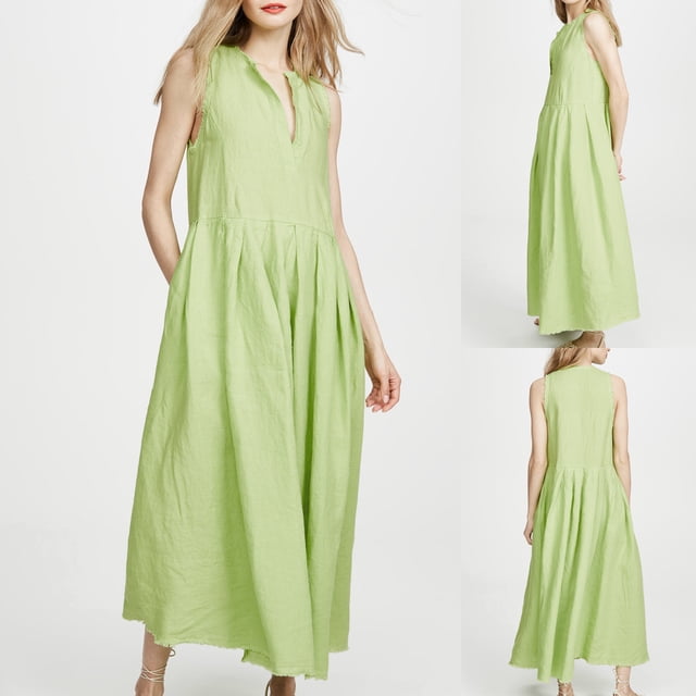 HKEJIAOI Robes Décontractées pour Femmes Robe d'Anniversaire Mode Féminine Décontractée Col en V Couleur Unie Sans Manches en Lin Robe Ample Réduction Liquidation Vert