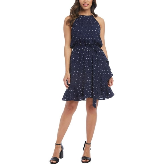 Karen Kane Womens Polka Dot Ruffled Wrap Dress Navy L