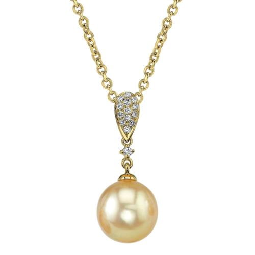 Radiance Pearl 14k Yellow Gold Golden South Sea Pearl 1 10ct TDW Diamond Pendant (9-10mm, 10-11mm, 11-12 mm) by Overstock