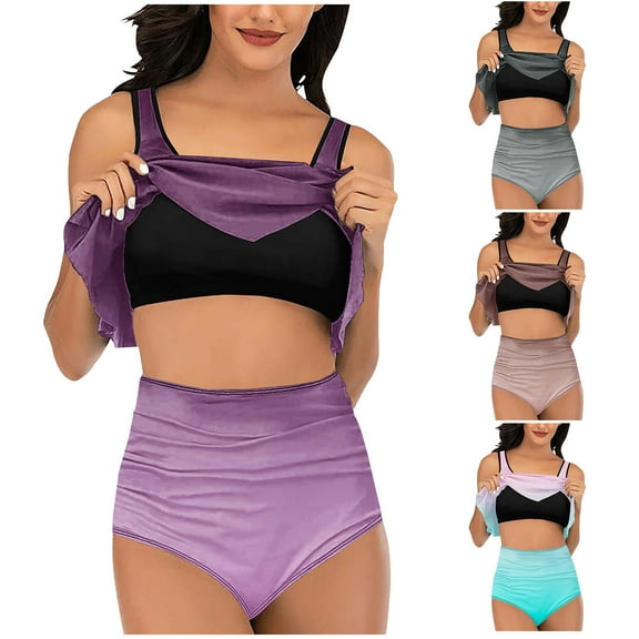 UTSJKR Plus Size Tankini Swimsuits for Women Tummy Control Bikini Set High Waisted Ruched Bathing Suit Crop Top and Skirt Gray M