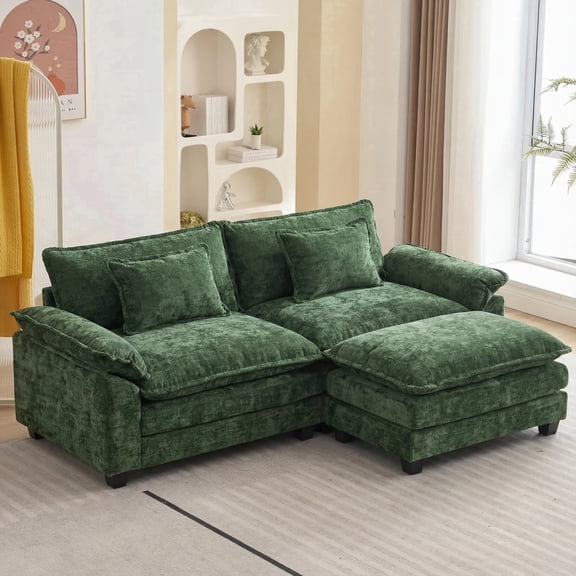 IPKIG 3-Seat Sectional Sofa with Ottoman, Modern Sleeper Couch for Living Room in Green Chenille Fabric, Deep Seating and Pillows Included